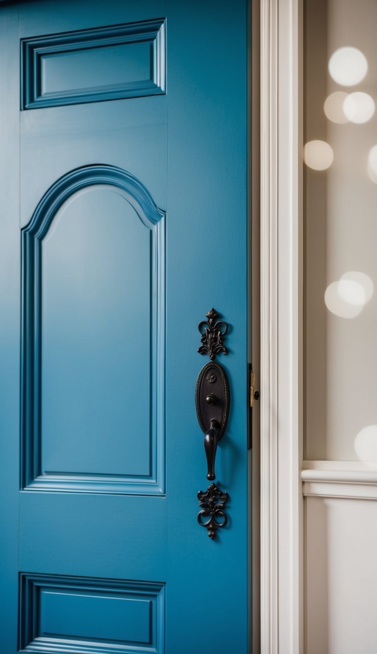 A peacock blue door with a classic black iron handle stands elegantly against a neutral background, exuding a sense of sophistication and charm