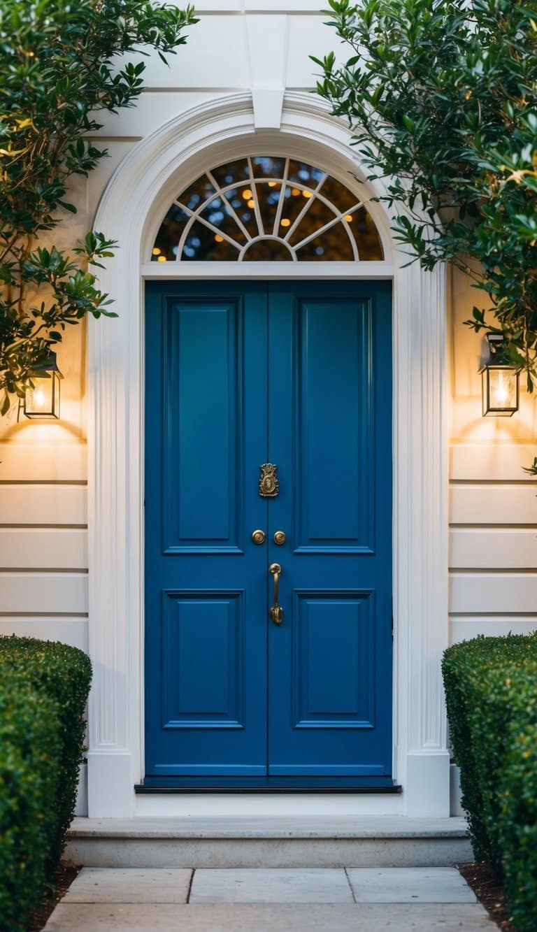 A grand front door in peacock blue stands out against a neutral exterior, surrounded by lush greenery and elegant lighting