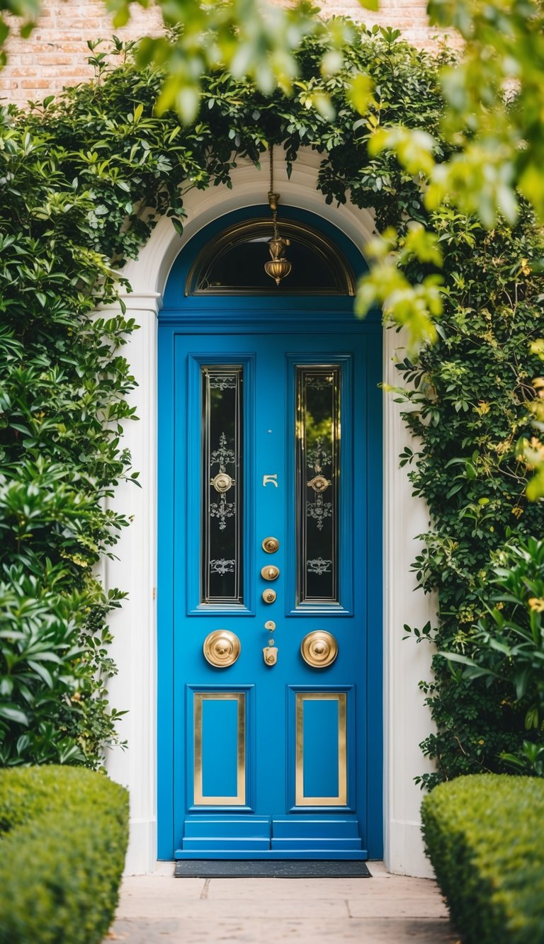A grand peacock blue door adorned with elegant brass hardware and surrounded by lush greenery