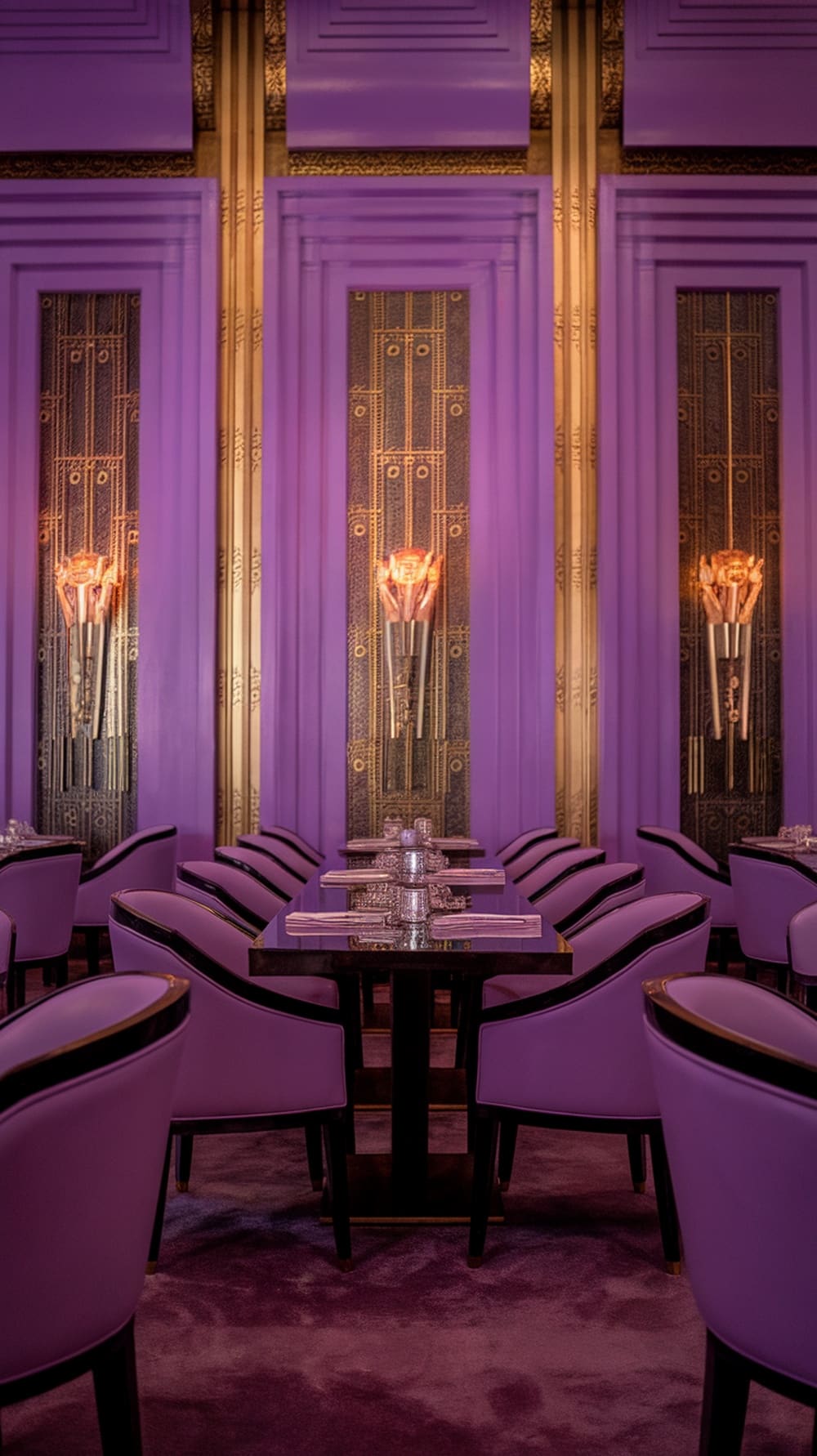 Art Deco dining room featuring lavender walls and stylish chairs