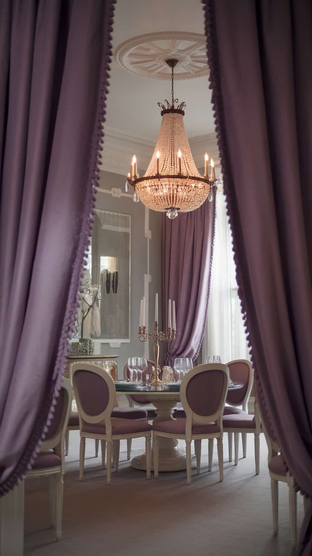 A dining room with lavender drapes, a chandelier, and a round table surrounded by elegant chairs.