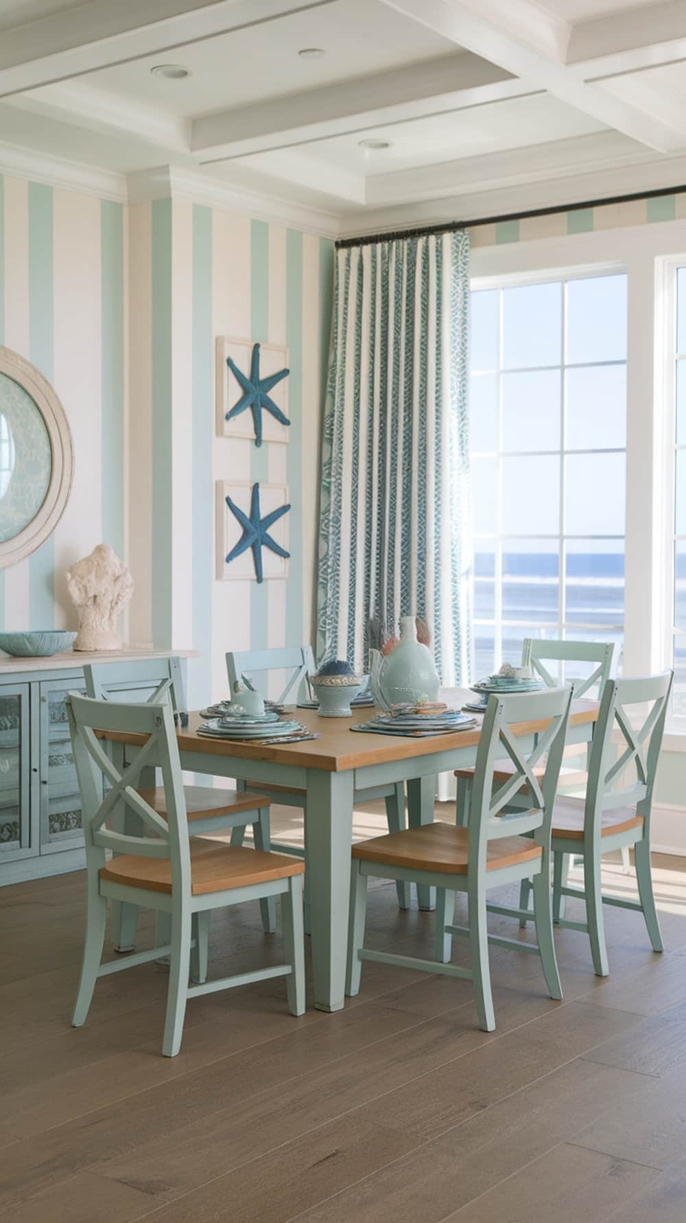 A coastal dining room with mint green accents and striped walls, featuring a wooden table and starfish decor.