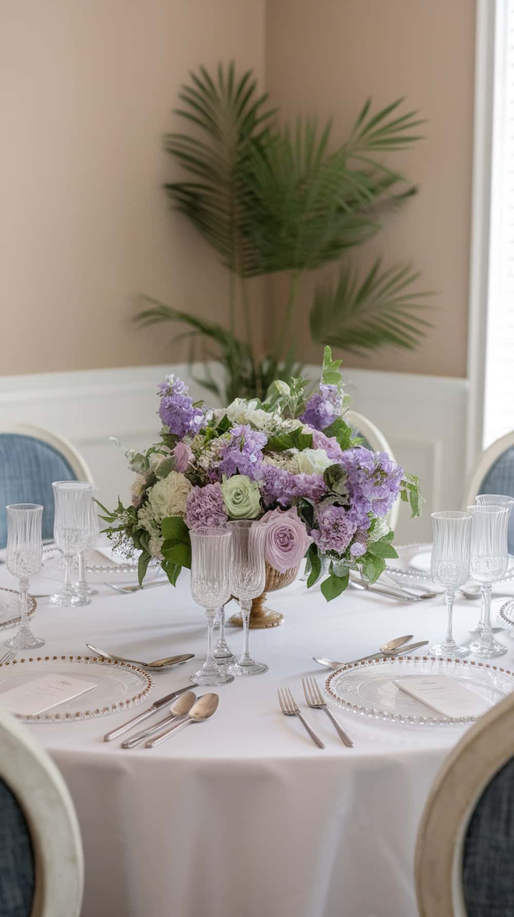 Elegant dining room featuring a floral centerpiece with lavender and soft mint accents.