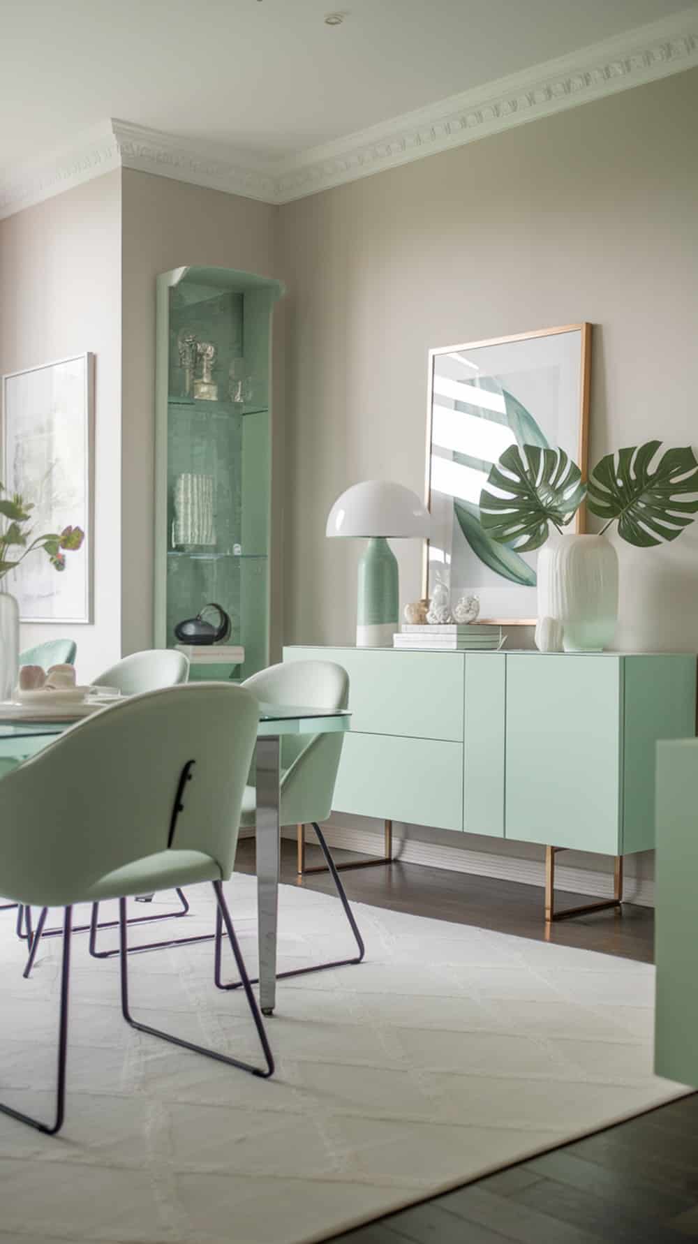 A contemporary dining room featuring mint decor, including mint chairs and sideboard, complemented by plants and artwork.