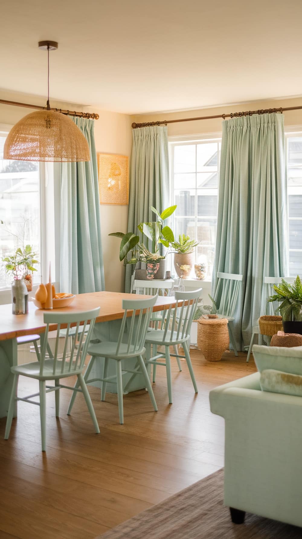 A family-friendly dining room with soft mint elements, featuring mint green chairs, curtains, and a wooden dining table.