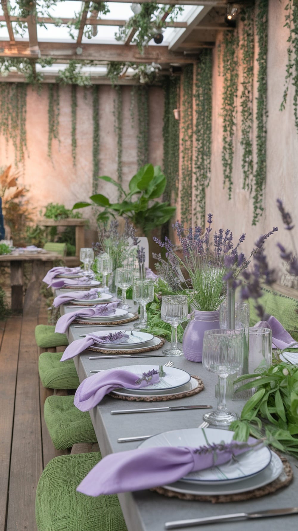 A dining room set with lavender accents, featuring a long table with green seating and a backdrop of greenery.