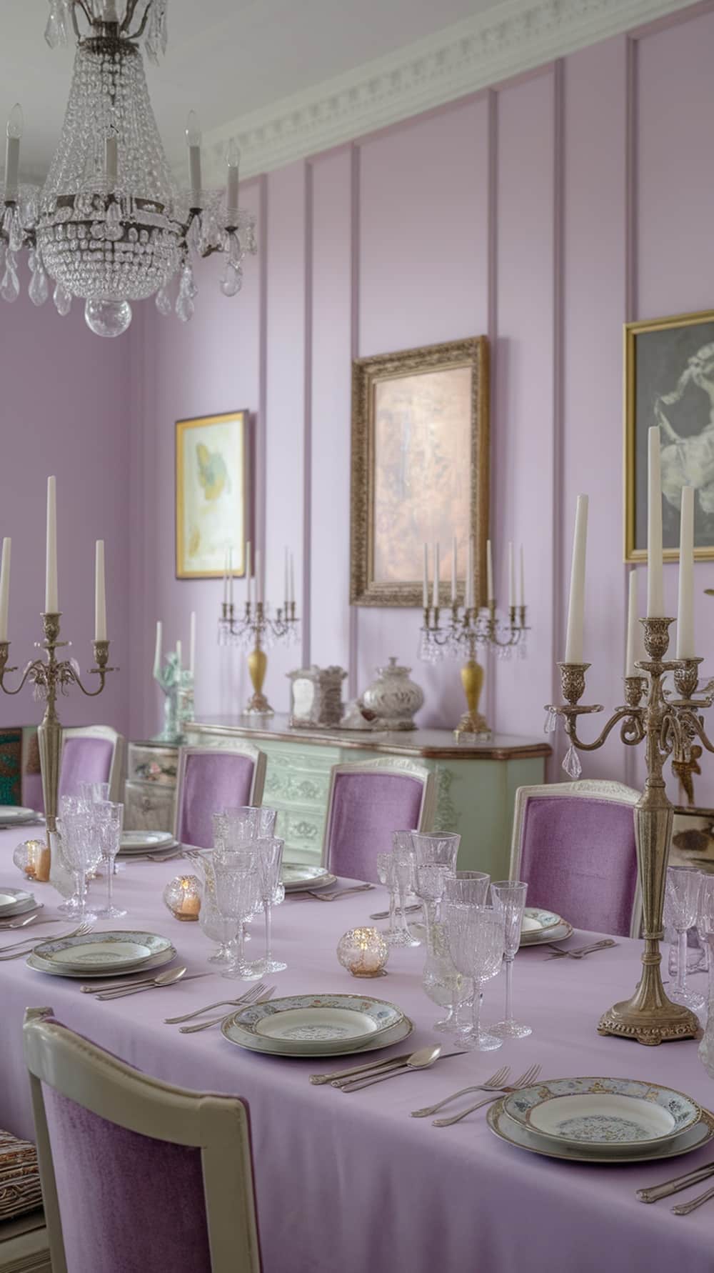 A dining room featuring lavender walls, a lavender tablecloth, elegant glassware, and mint accents, creating a cozy and classy atmosphere.