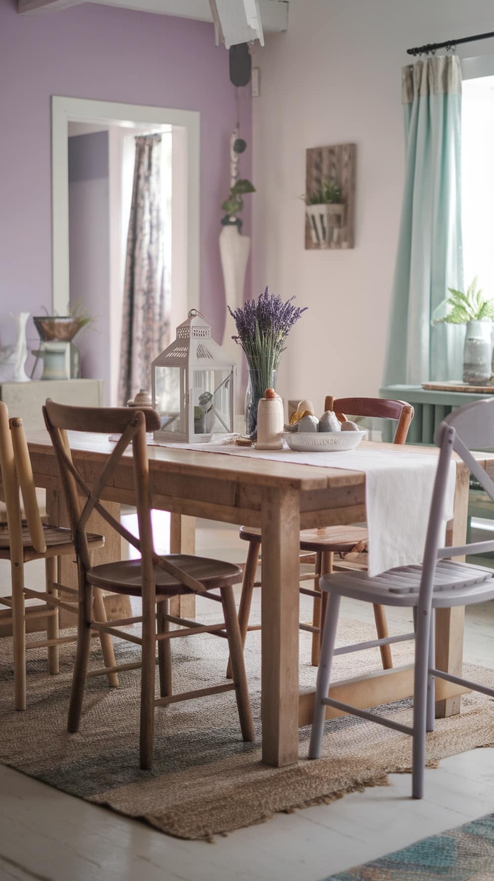 A farmhouse-style dining room with lavender walls and a wooden table surrounded by mismatched chairs.