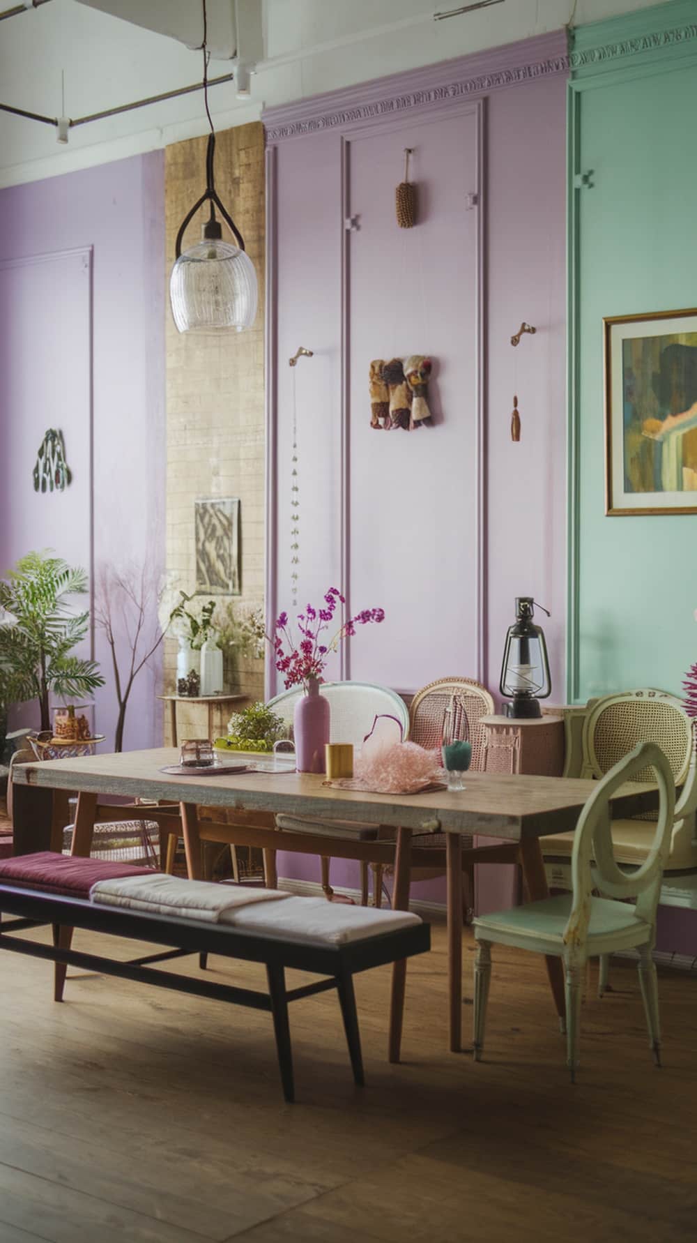 Eclectic dining room featuring lavender walls, mint accents, and a mix of furniture styles.