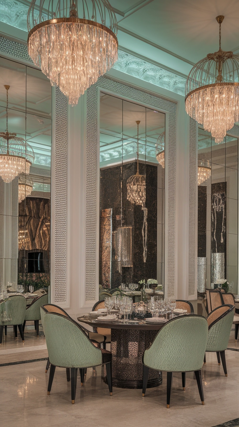 Luxurious dining room featuring mint lighting fixtures and elegant decor.