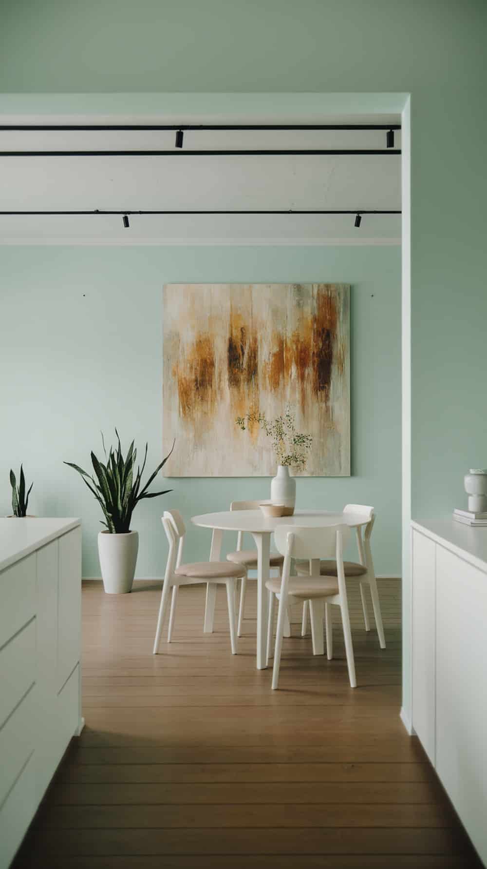 A modern minimalist dining room with soft mint walls, a round table, wooden chairs, and plants.