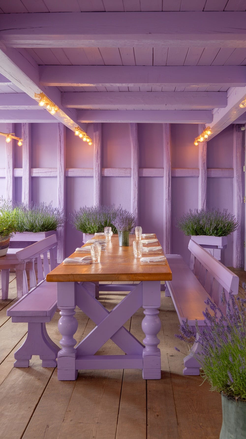 A rustic dining room with lavender walls, wooden beams, a wooden table, and potted lavender plants.