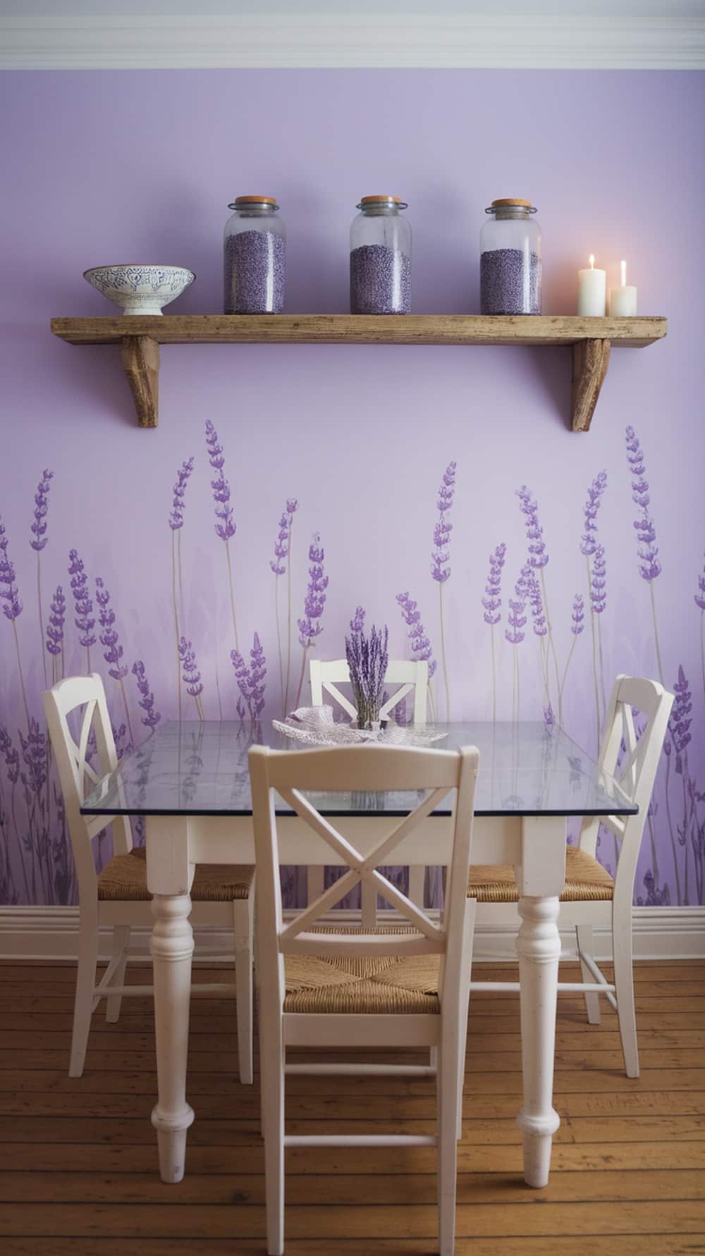 A serene dining room featuring lavender decor with a glass-top table, white chairs, and lavender illustrations on the wall.