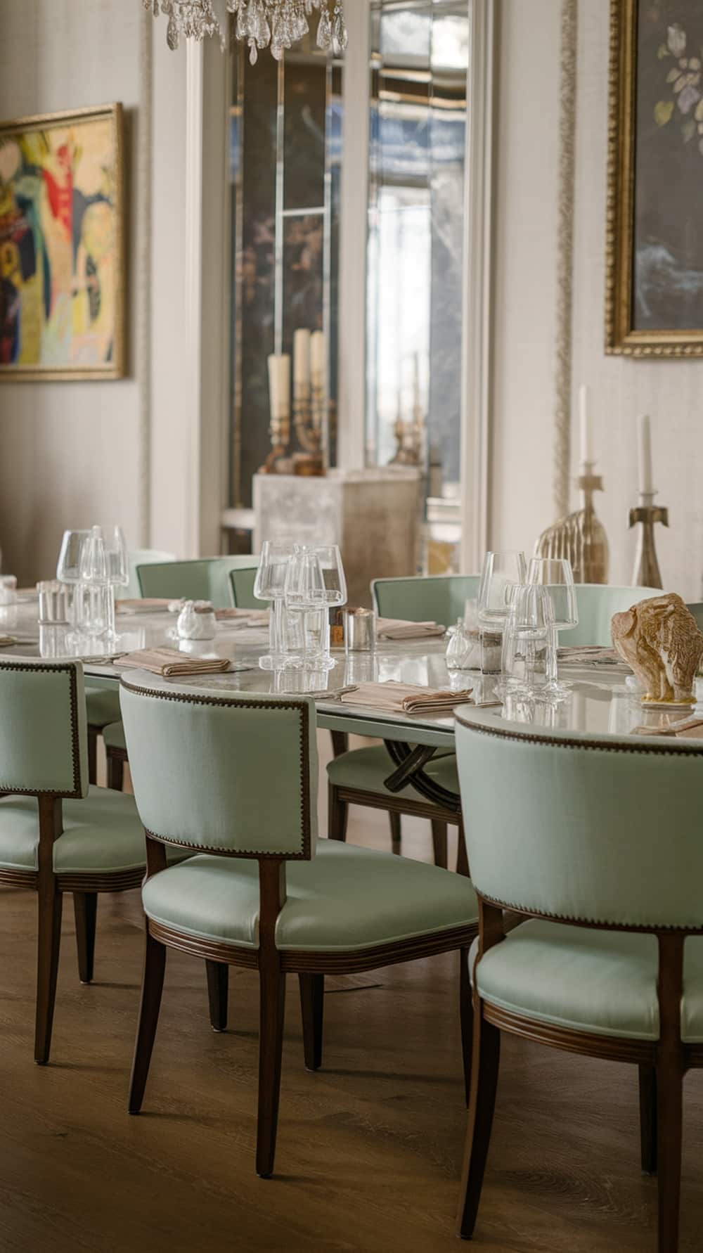 Chic dining room with mint upholstered chairs and elegant table setting