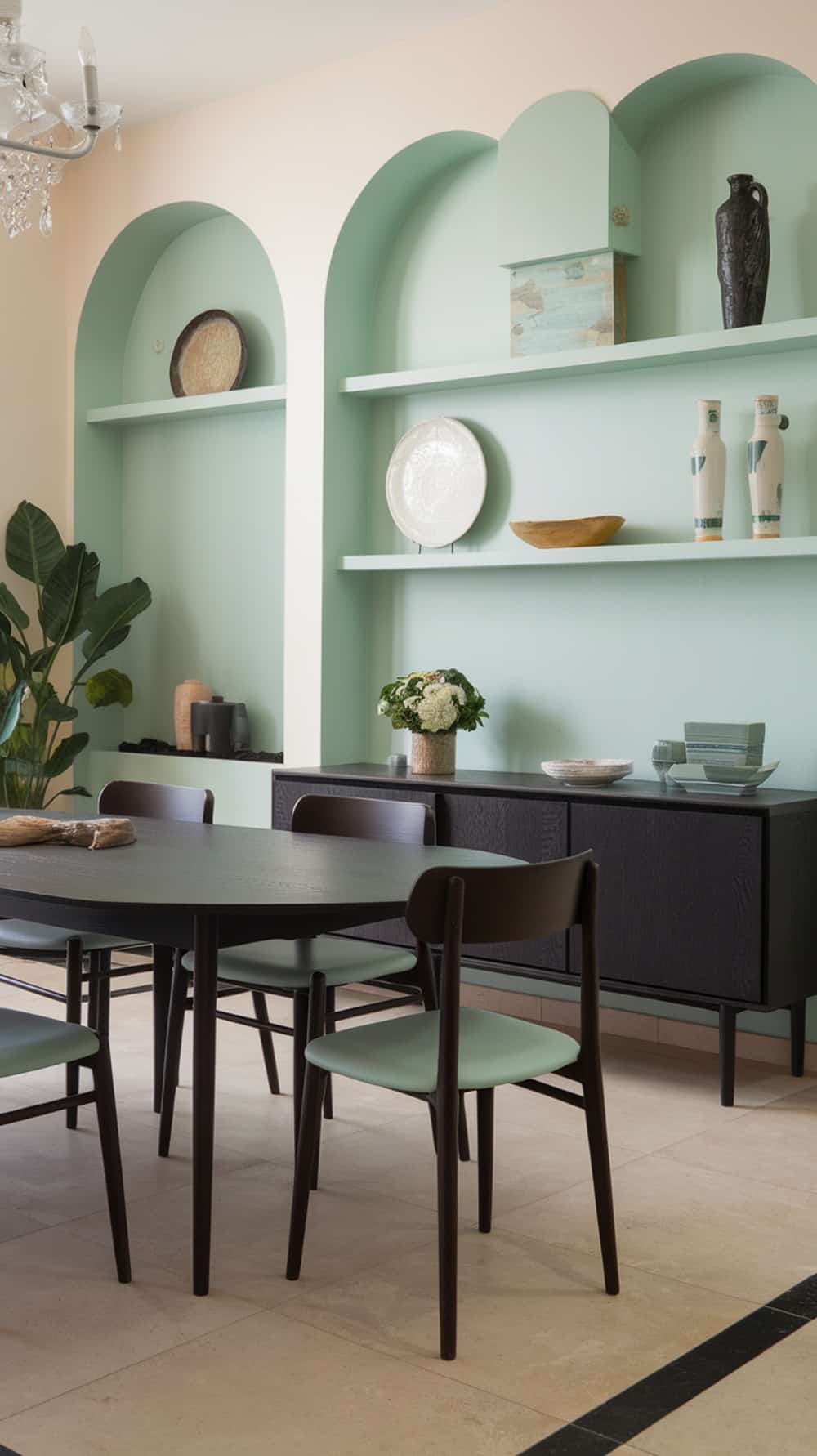 A dining room featuring dark wood furniture and soft mint accents, with decorative shelves and plants.