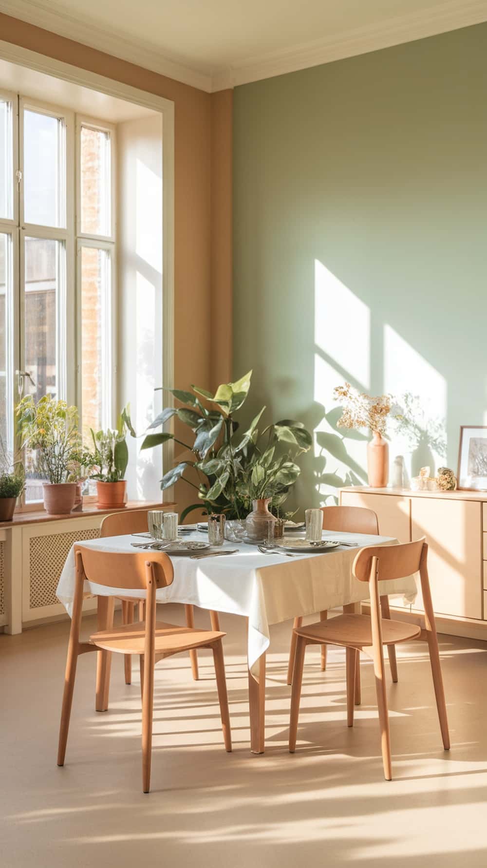 A sunlit dining room featuring mint green walls, a white tablecloth on a dining table, and potted plants.