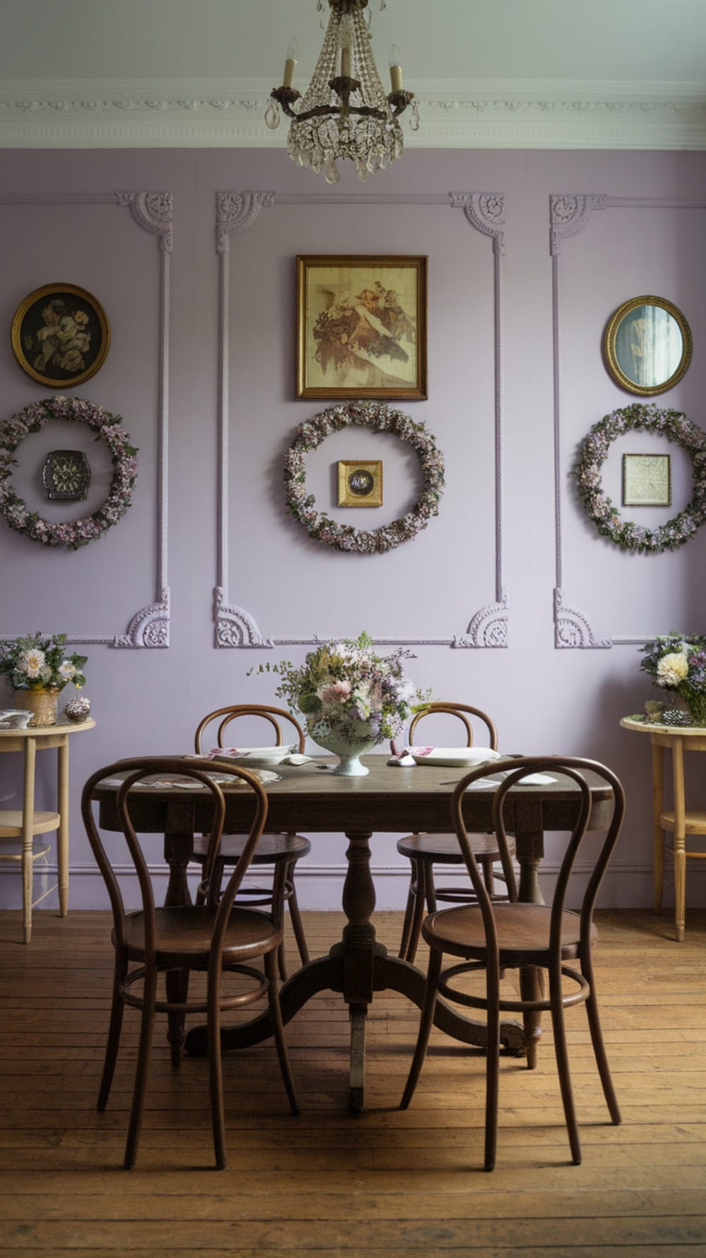 Vintage dining room with lavender walls, wooden table and chairs, and floral accents