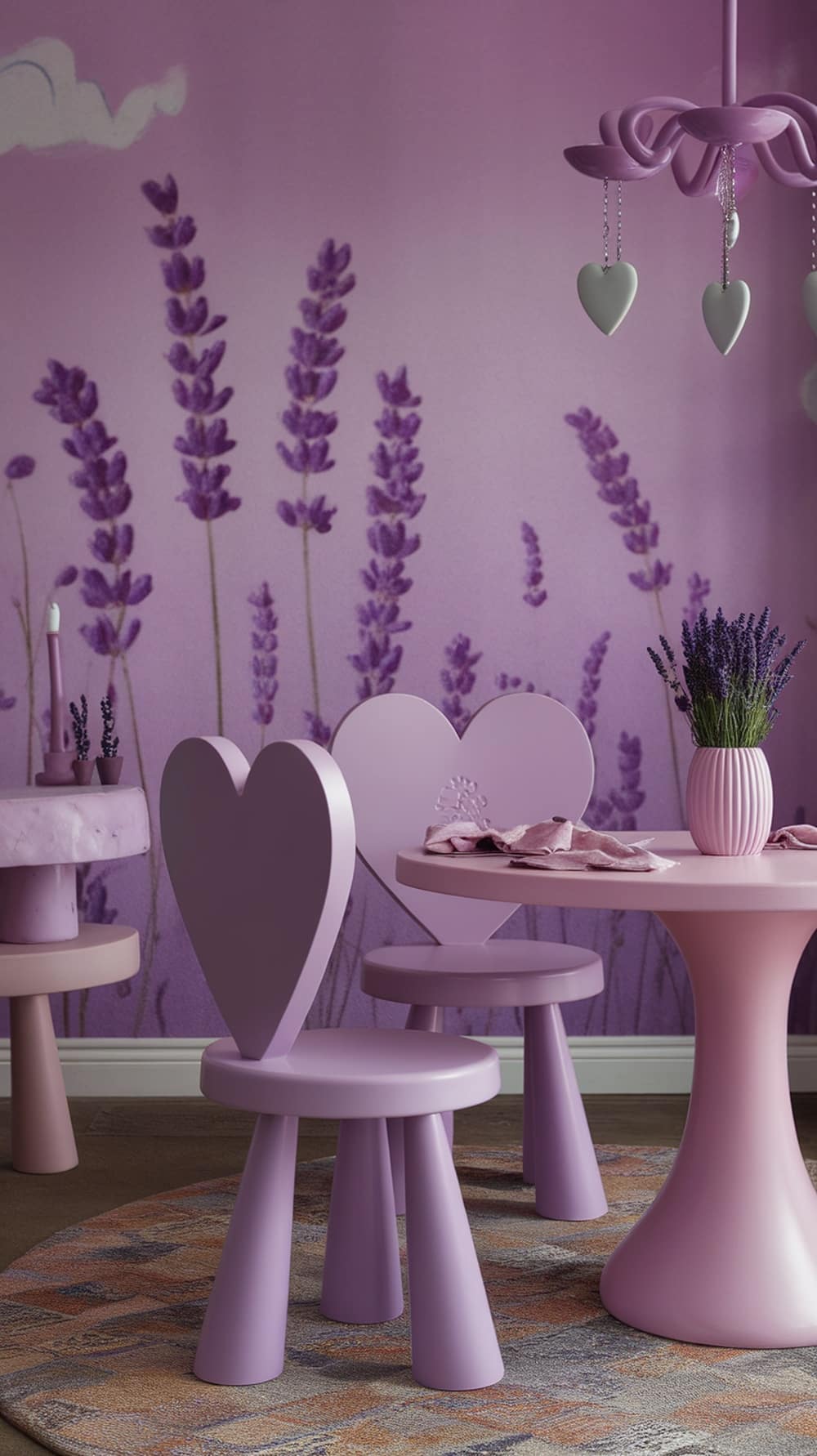 Dining room featuring lavender wall art, heart-shaped chairs, and playful decor