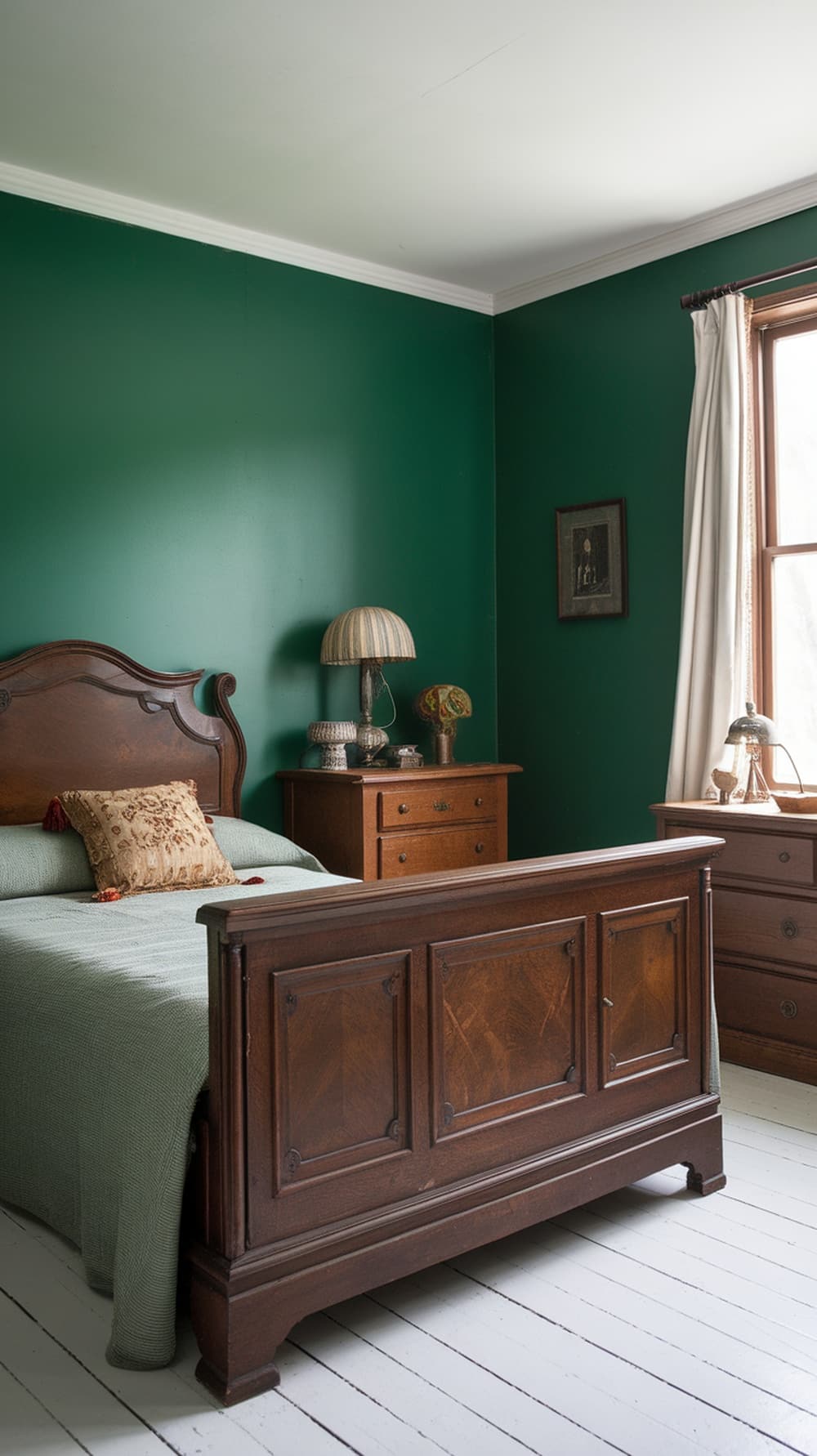A vintage emerald green bedroom featuring antique wooden furniture and decor.