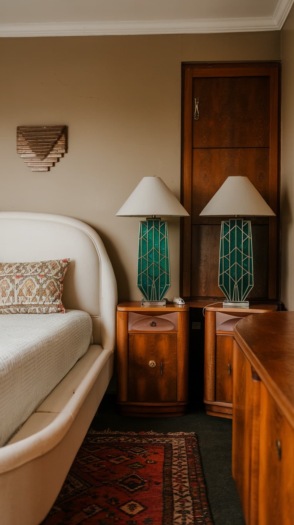 A vintage bedroom featuring Art Deco inspired lamps and accessories.