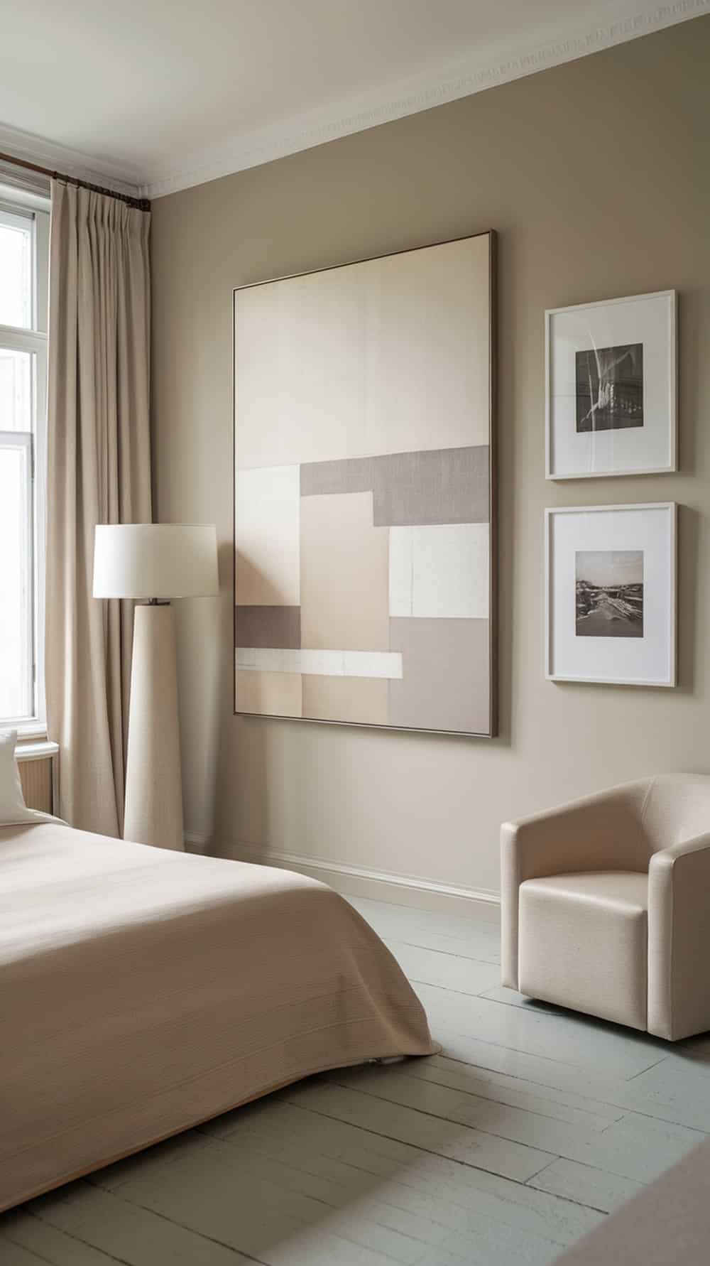 A neutral greige bedroom featuring abstract artwork, soft furnishings, and a cozy atmosphere.