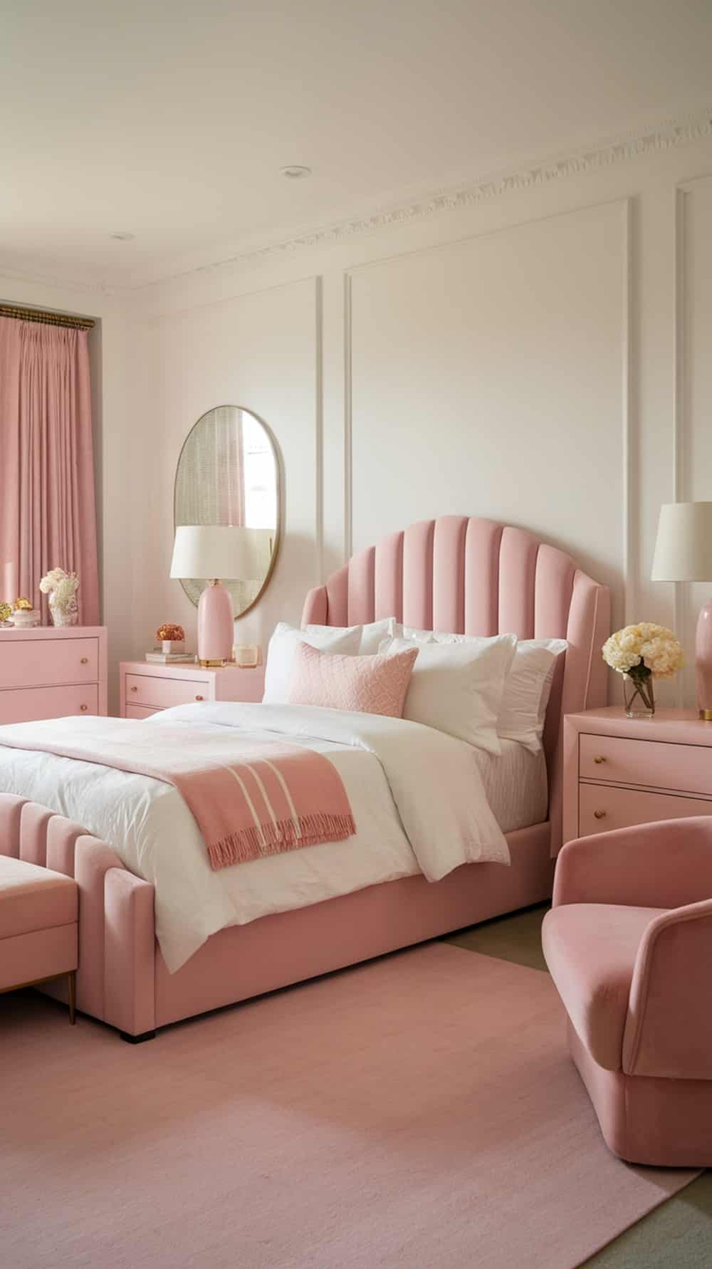 Cozy blush pink bedroom with white accents and soft furnishings.