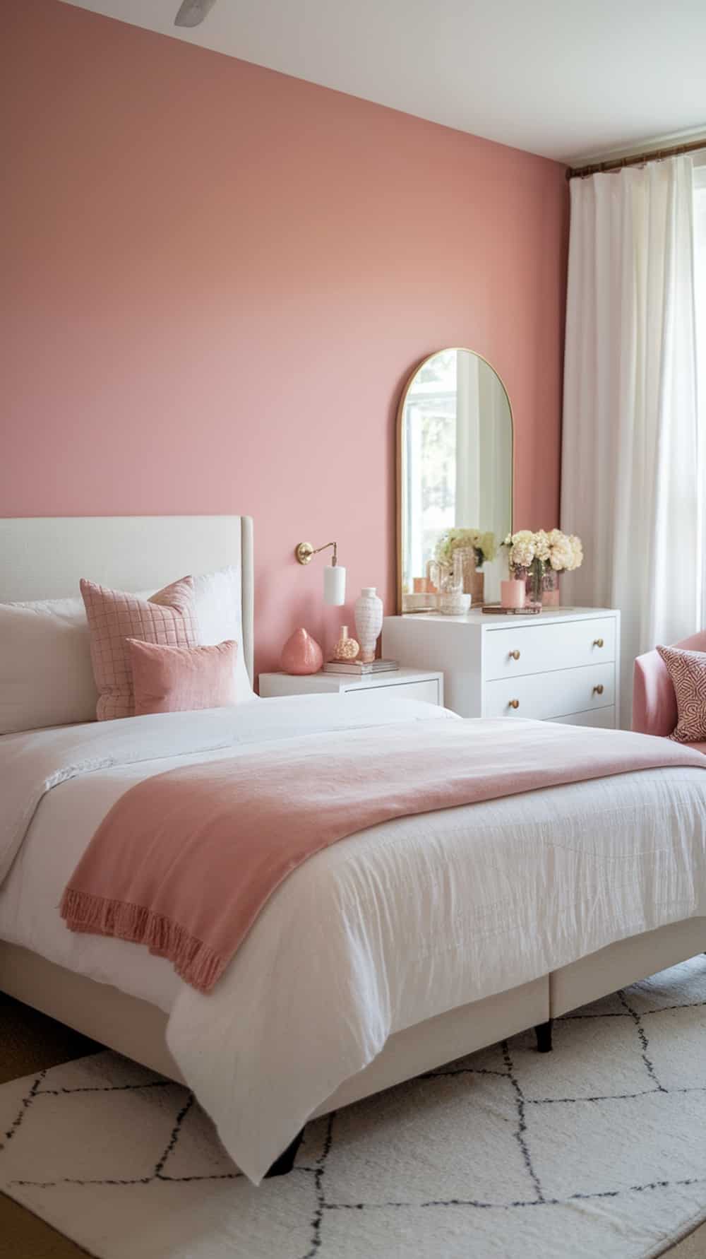 Cozy blush pink bedroom with soft decor and accessories