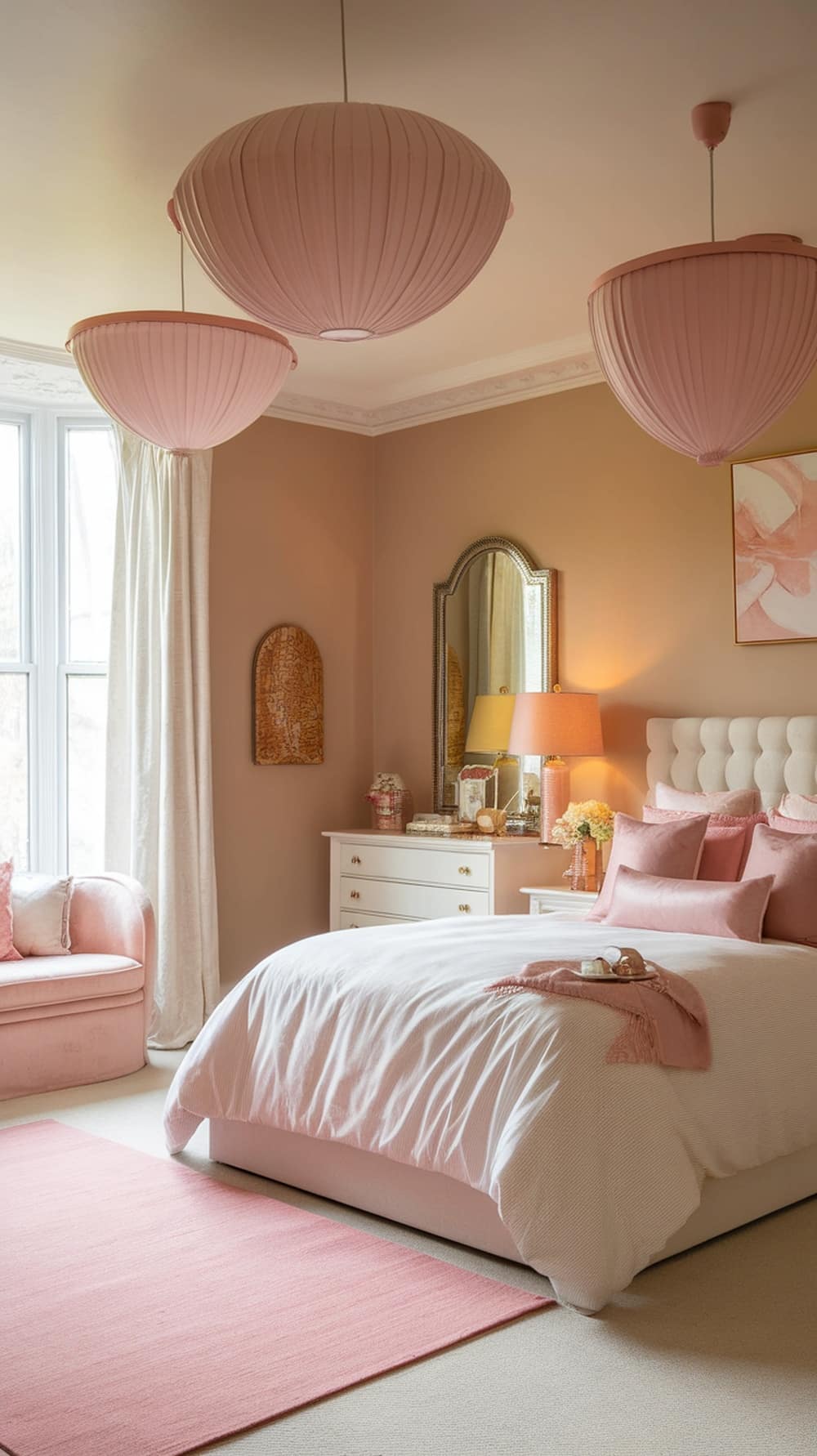 Cozy blush pink bedroom with stylish lighting fixtures.