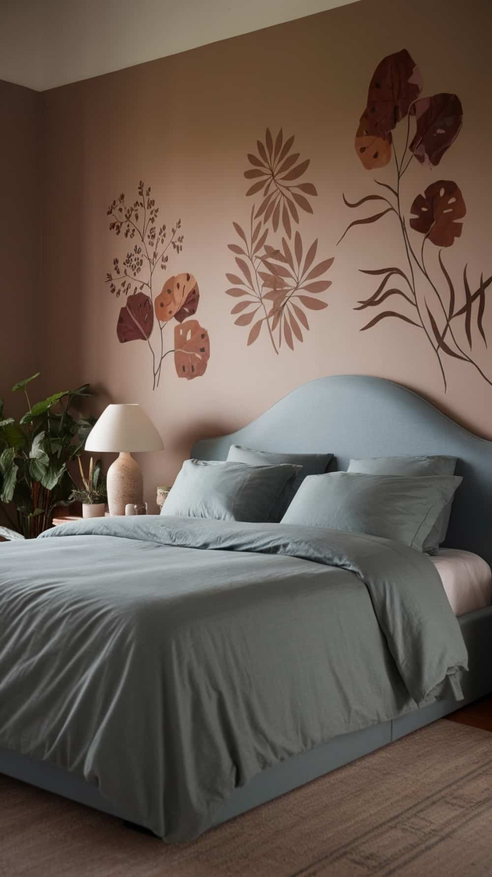 A cozy bedroom featuring botanical wall art with earthy tones.
