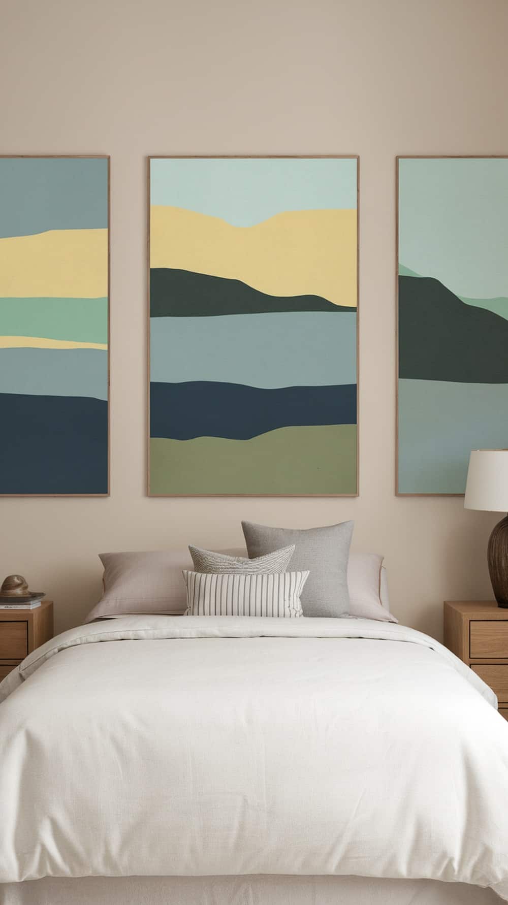 A serene bedroom with calming abstract artwork in soft colors.
