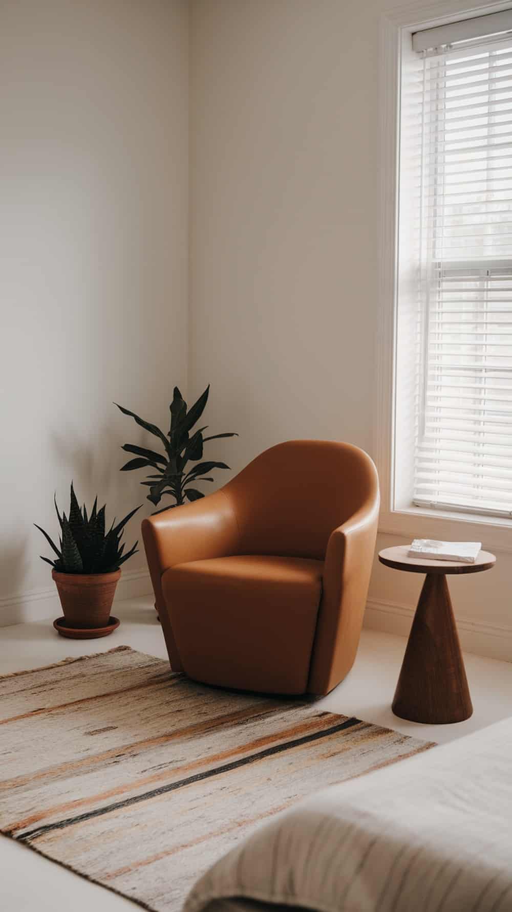 A cozy reading nook featuring a caramel chair, a side table, and plants.