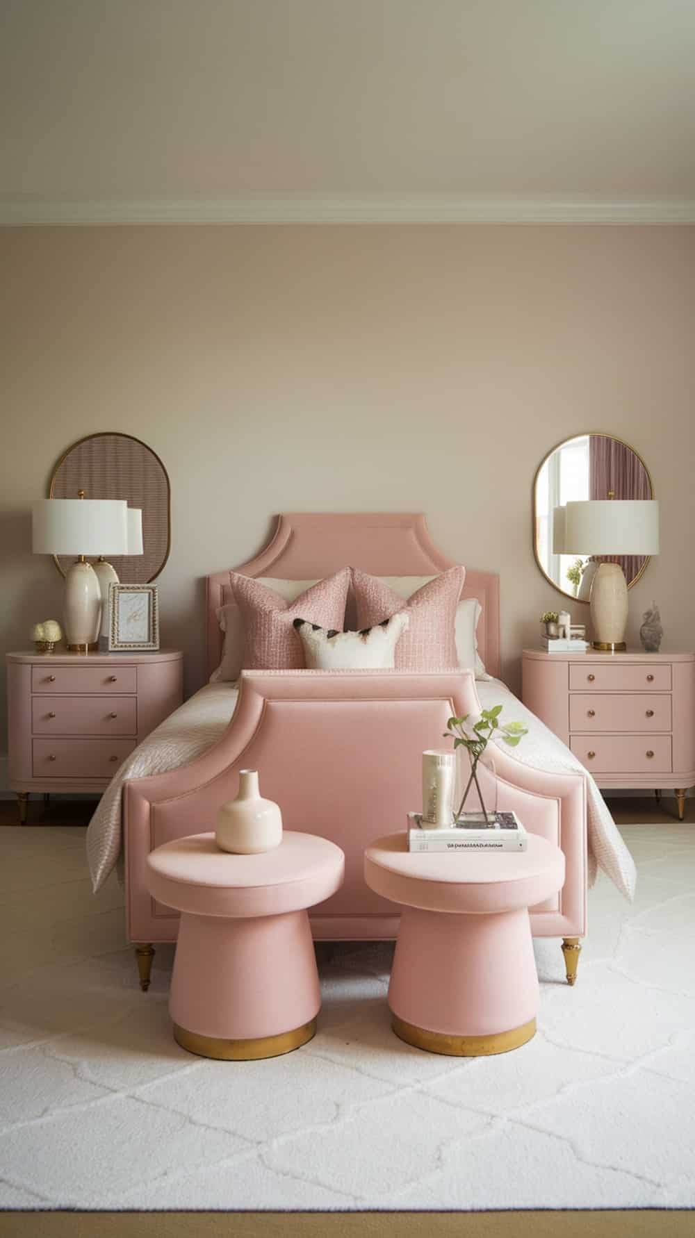 Cozy blush pink bedroom featuring a plush bed, stylish nightstands, and soft textiles.