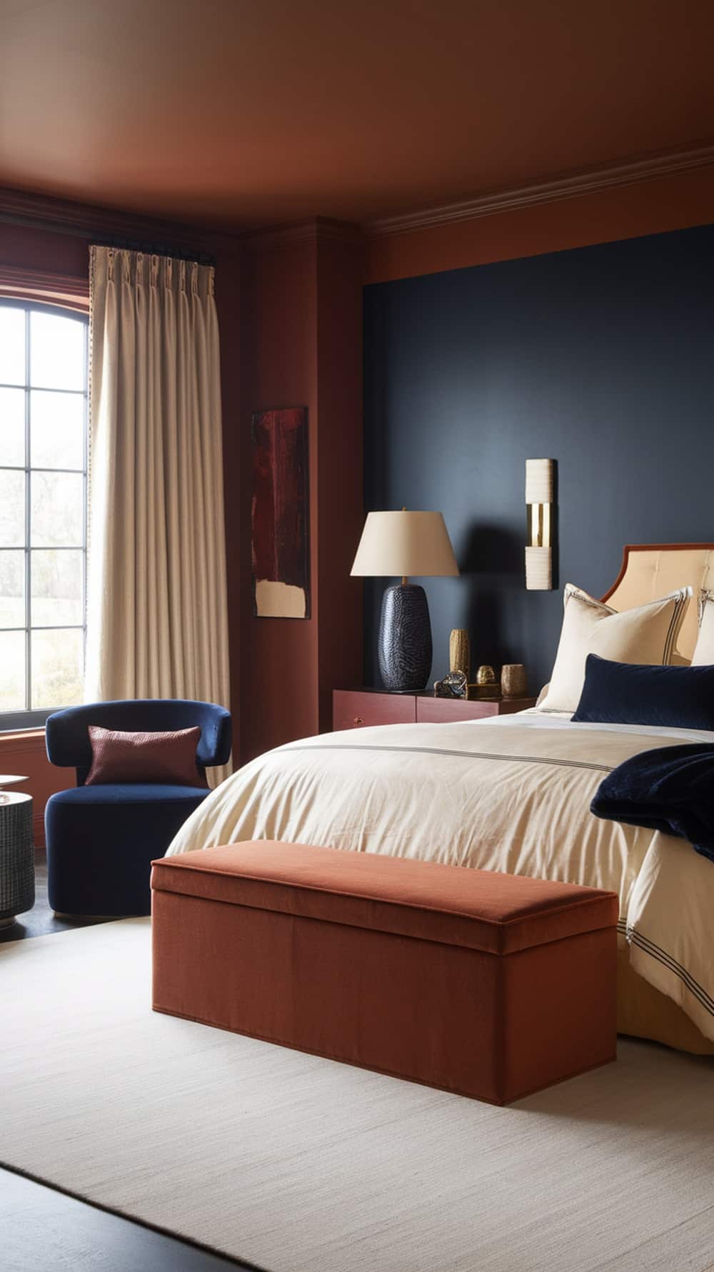 A modern bedroom featuring burnt sienna walls, deep blue accents, and neutral bedding.