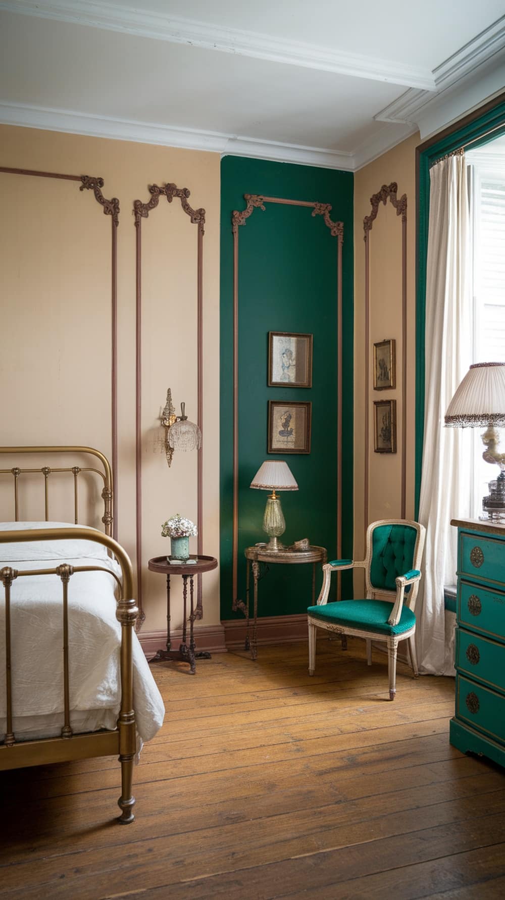 A vintage bedroom featuring emerald green walls, beige accents, and elegant furniture.