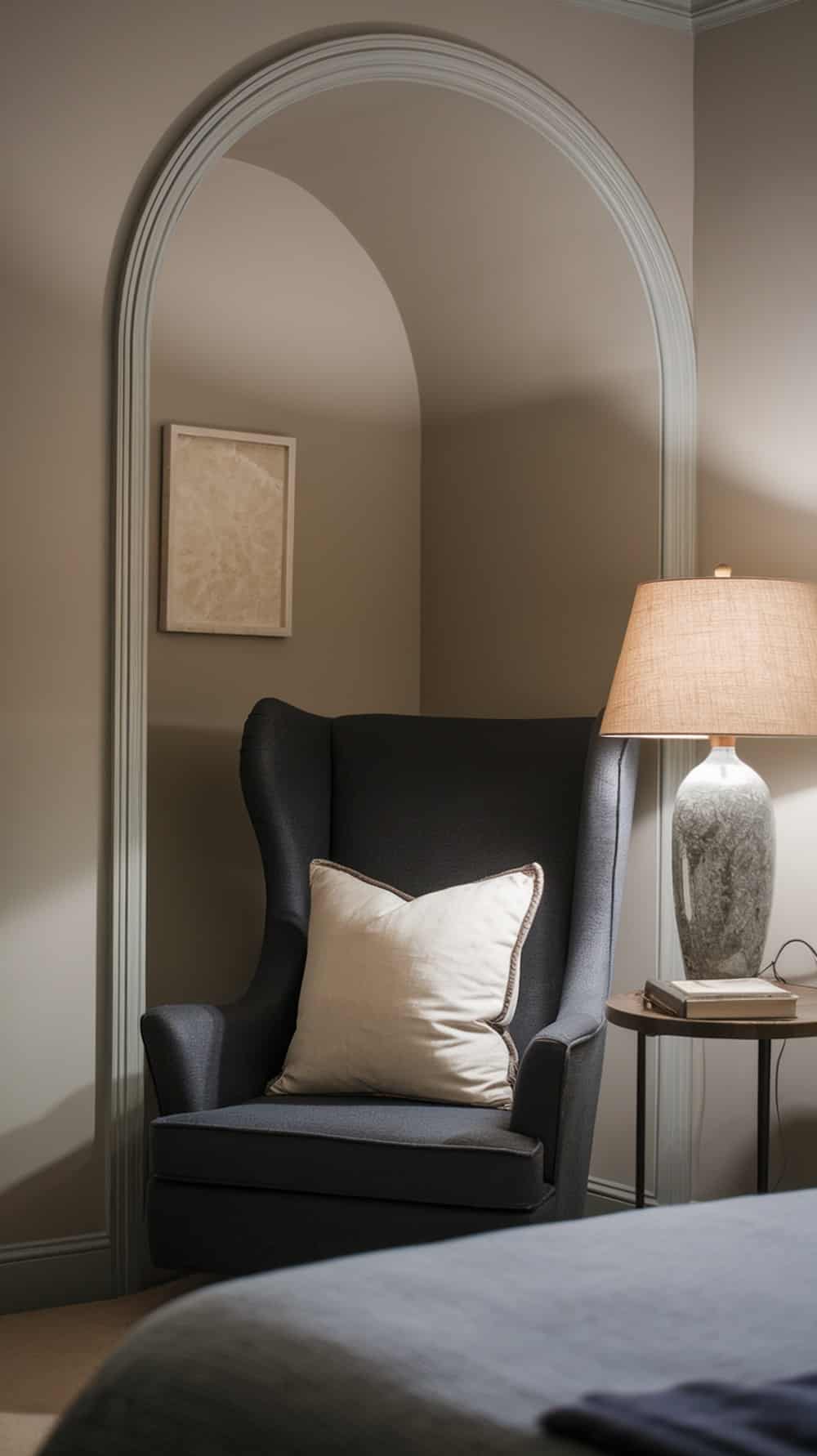Cozy reading nook with a gray wingback chair, a lamp, and a side table in a charcoal gray bedroom.