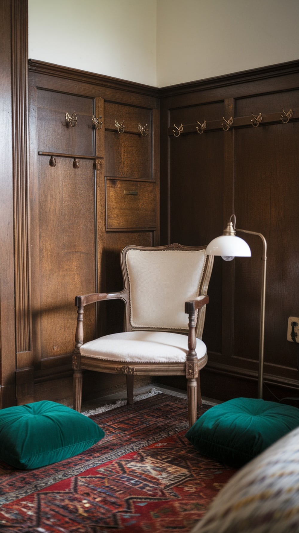 Cozy reading nook with a vintage chair and emerald green pillows.