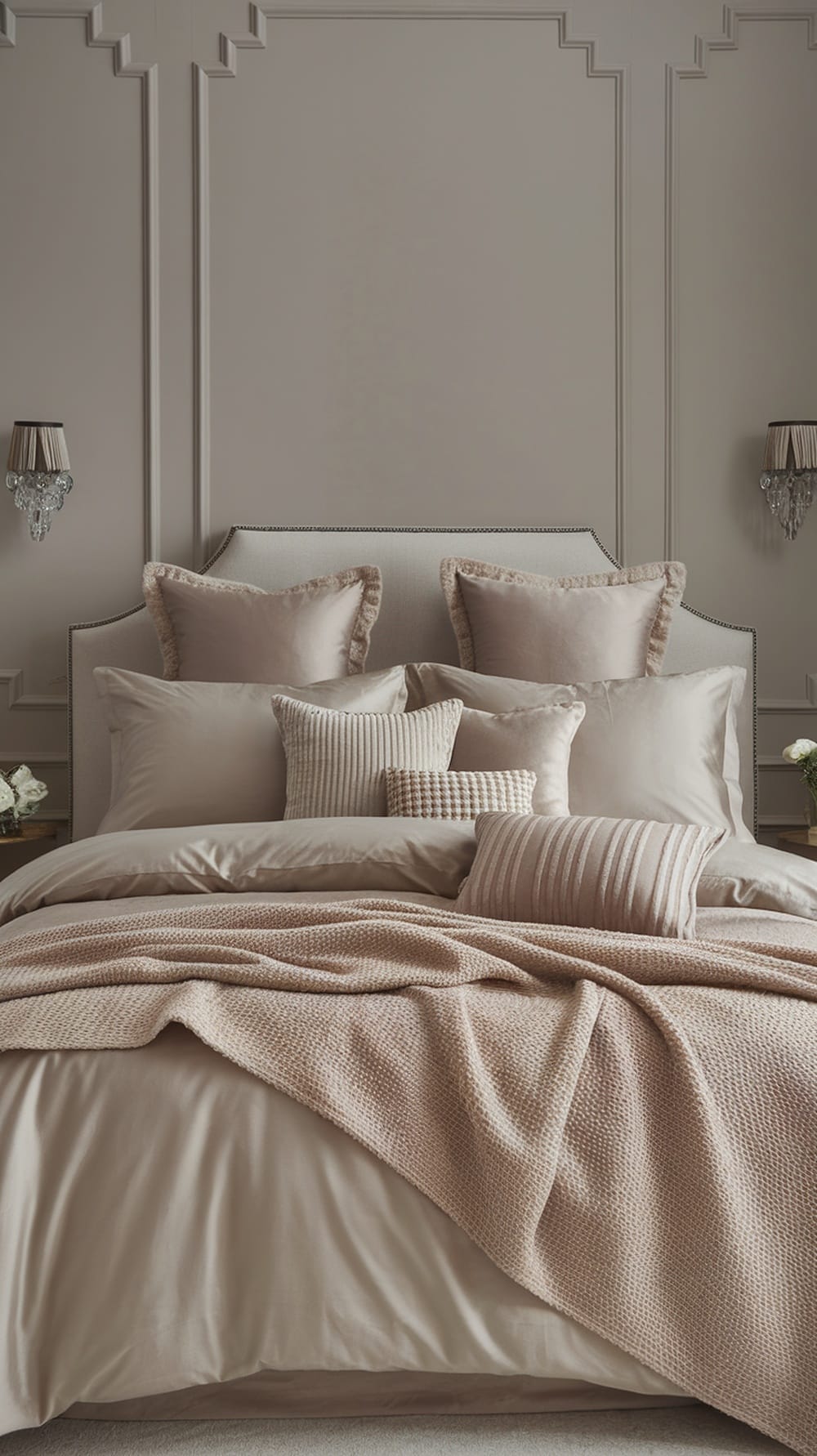 A beautifully arranged bed with greige bedding, featuring various pillows and a textured throw.