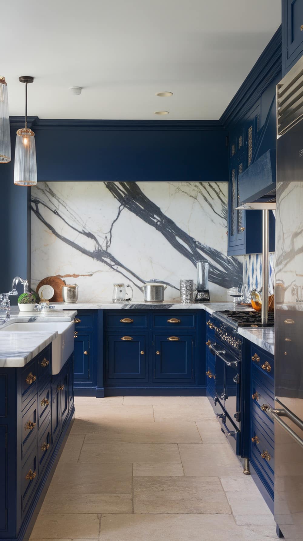 A modern kitchen featuring navy blue cabinets and elegant pendant lighting.