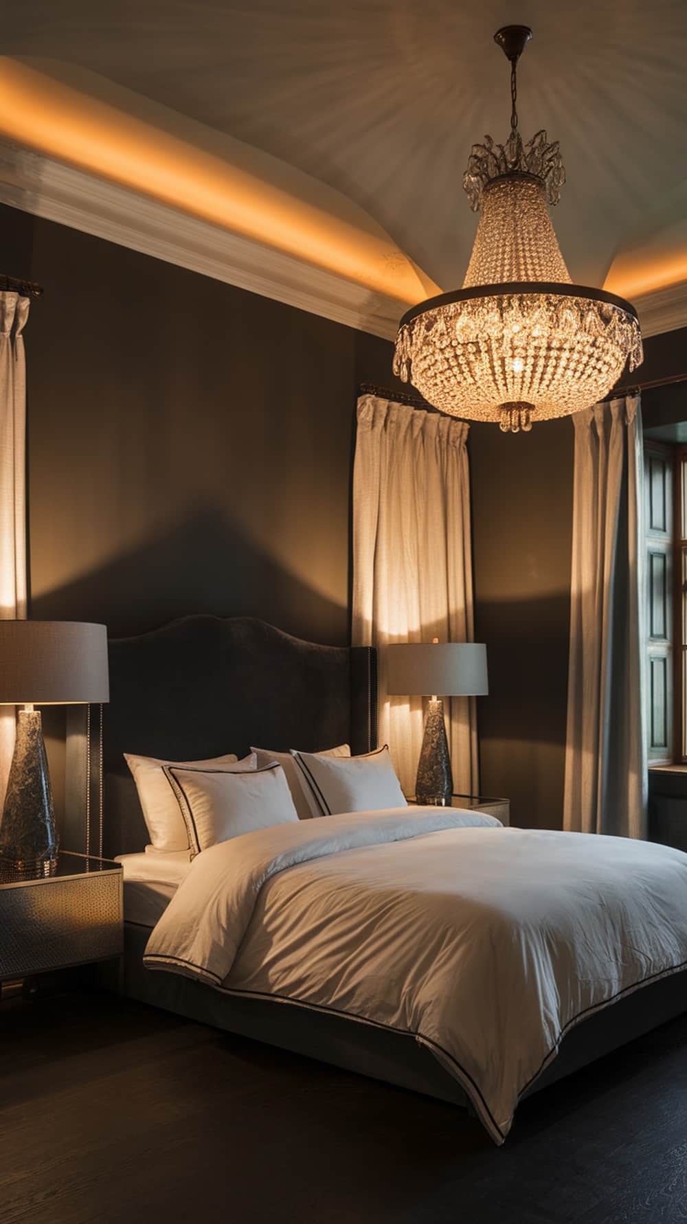 A stylish charcoal gray bedroom featuring a chandelier and bedside lamps.