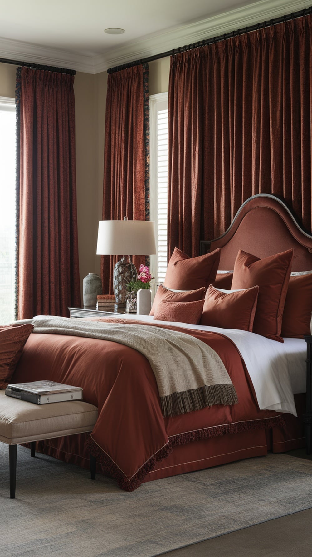 A cozy Burnt Sienna bedroom featuring rich textiles, including velvet curtains and a soft bedspread.