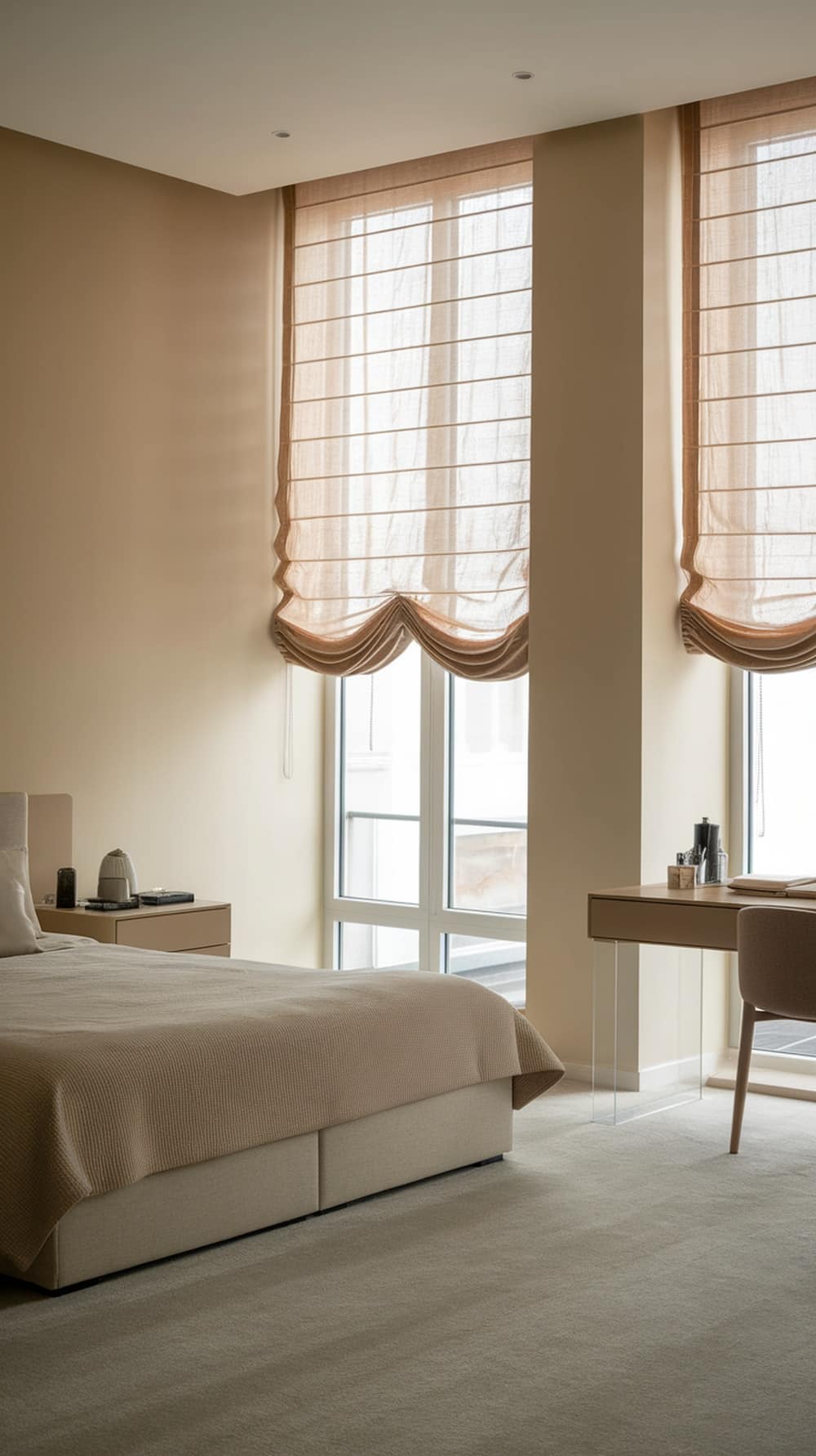 Minimalist bedroom with caramel-colored window treatments