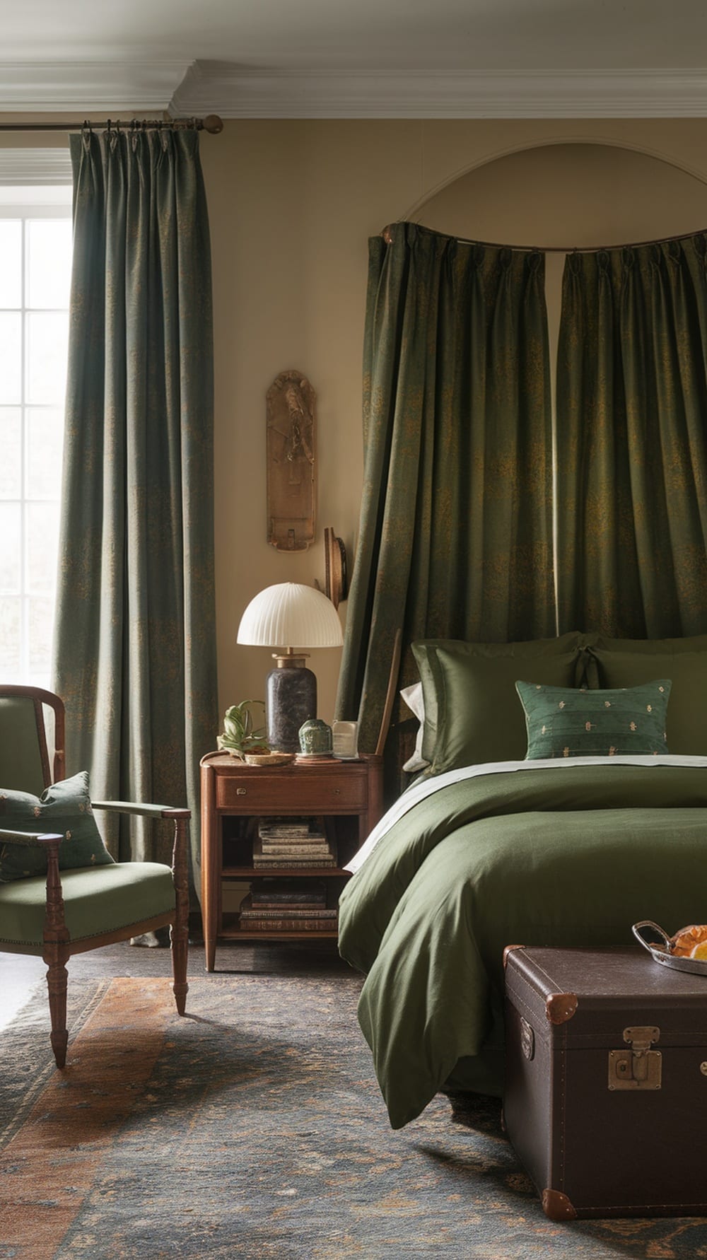 A vintage bedroom featuring emerald green textiles, including curtains and bedding.