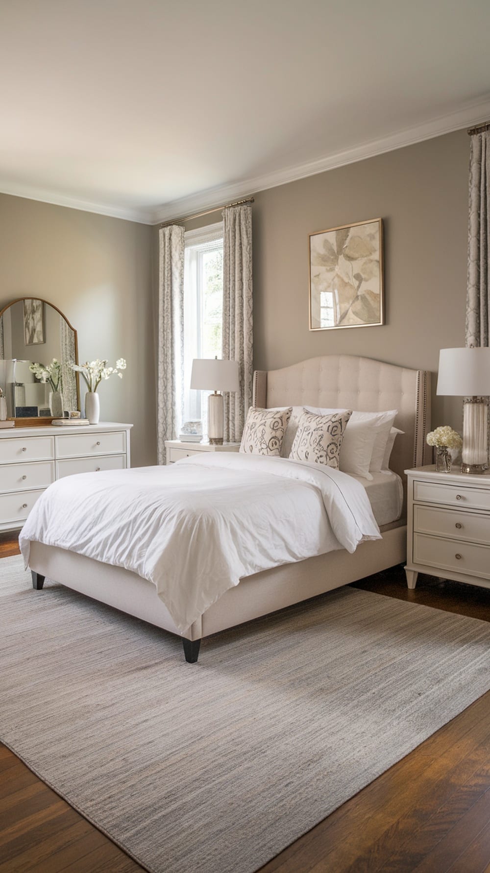 A neutral greige bedroom featuring a bed, nightstands, and a dresser, with soft lighting and decor.