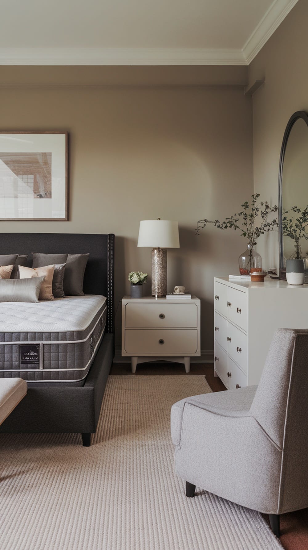 A stylish charcoal gray bedroom featuring a bed, nightstand, lamp, and chair.