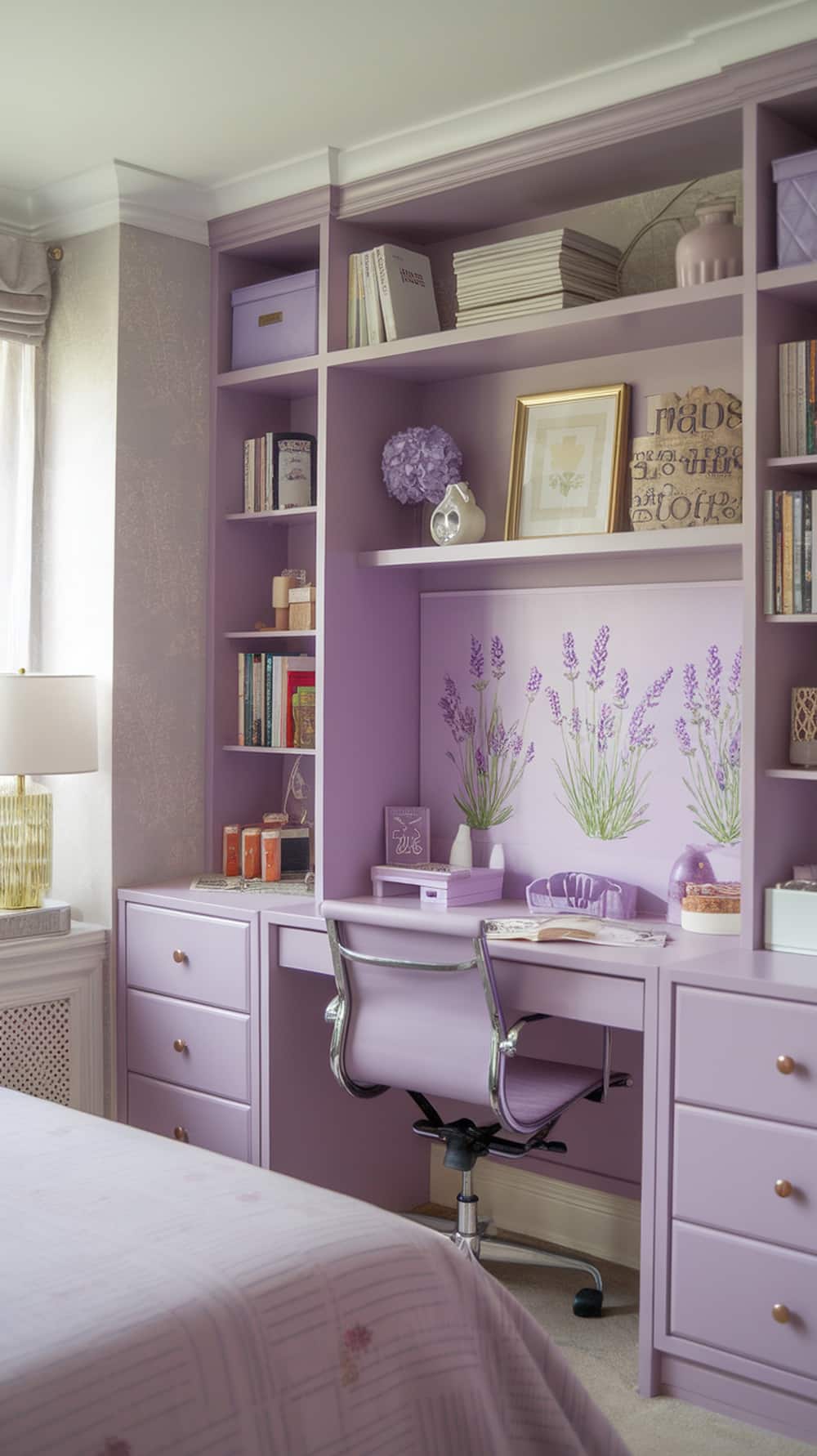 A cozy lavender-themed workspace with a desk, bookshelves, and lavender decor.