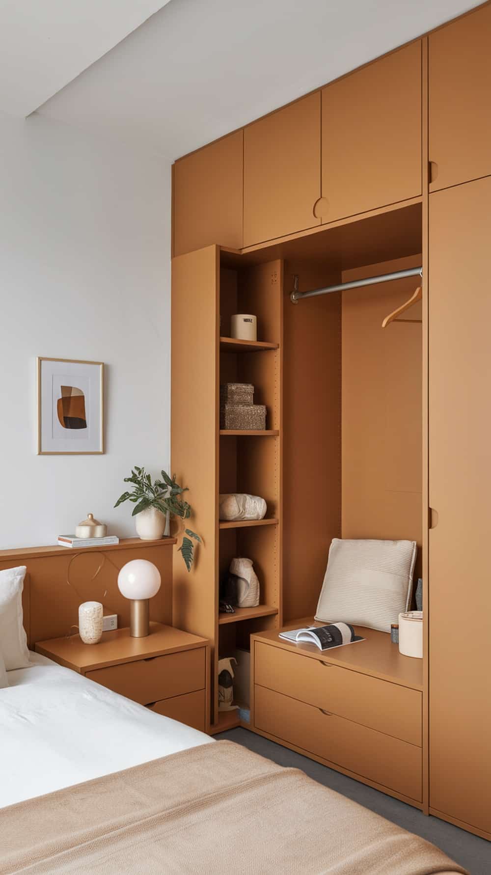 A minimalist caramel bedroom featuring built-in storage solutions.