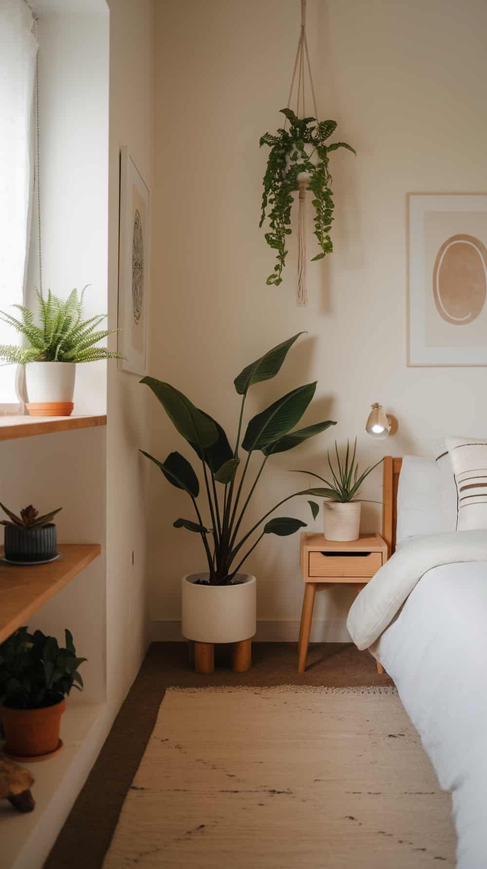 A serene cream bedroom featuring various plants, including a large leafy plant beside the bed and smaller pots on a windowsill.