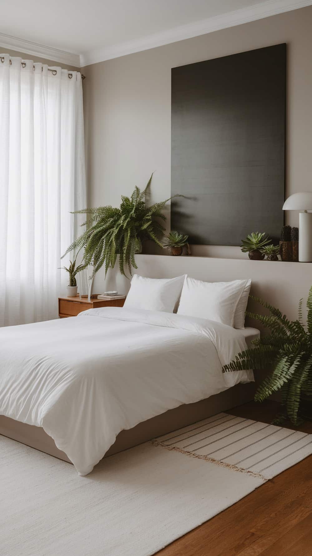 A neutral greige bedroom with plants, featuring a bed, artwork, and natural light.