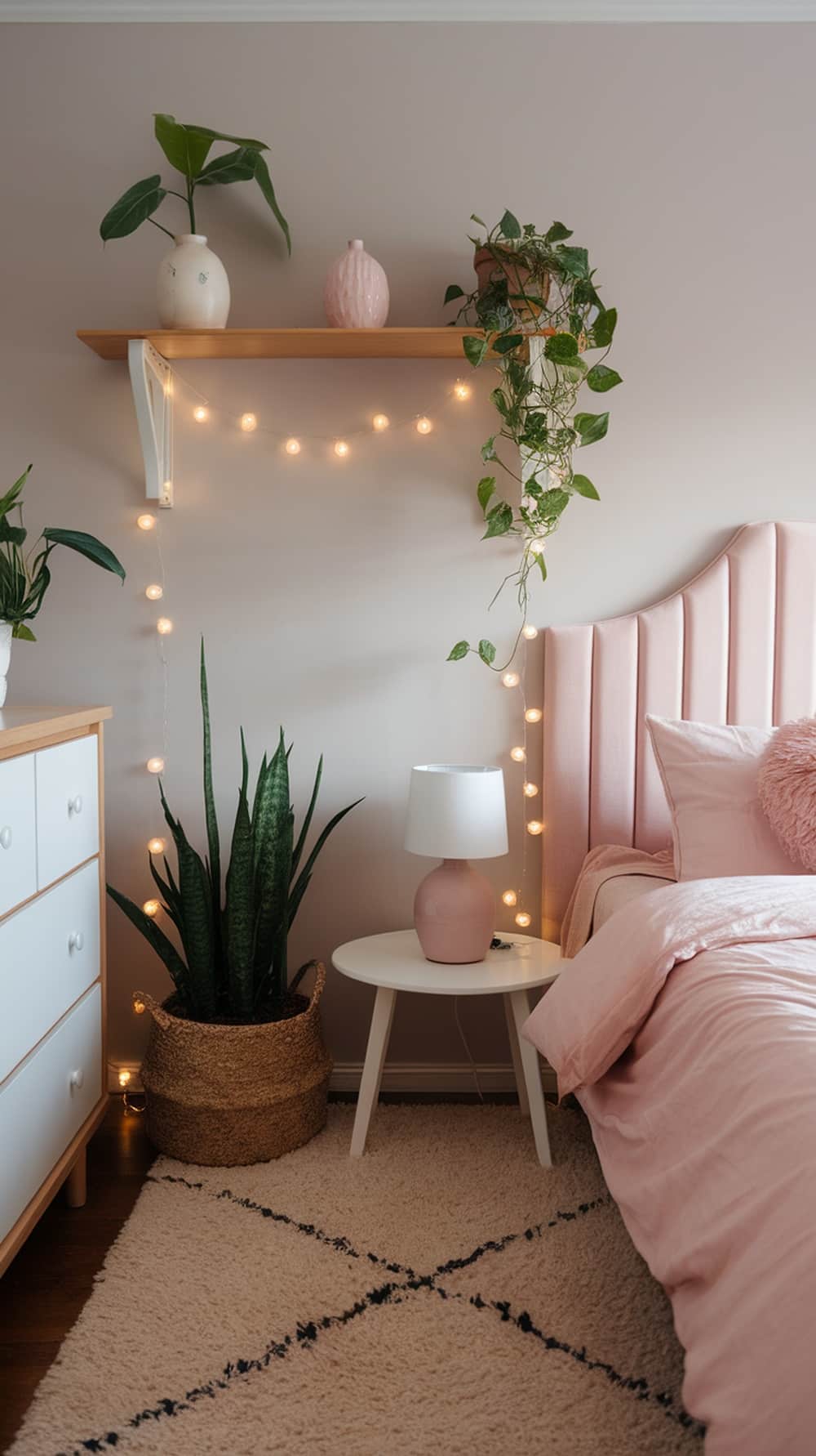 Cozy blush pink bedroom with greenery and soft lighting.