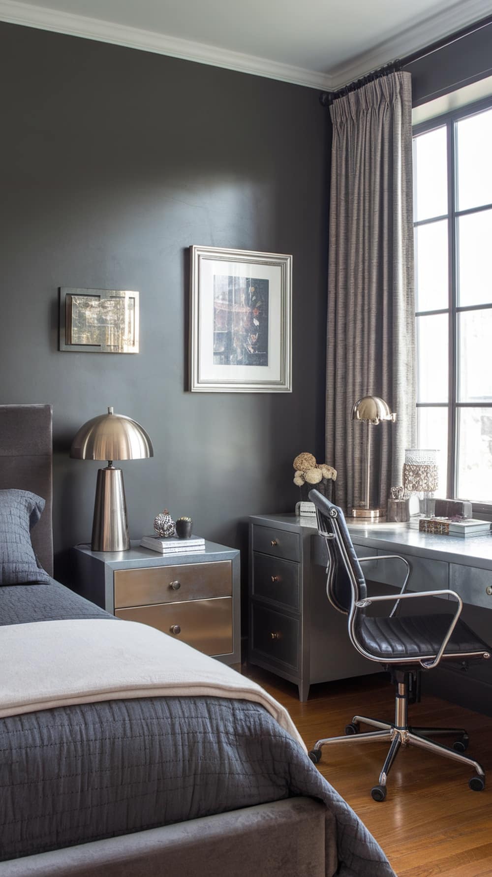 A stylish charcoal gray bedroom featuring metallic accents like a lamp and decorative items.